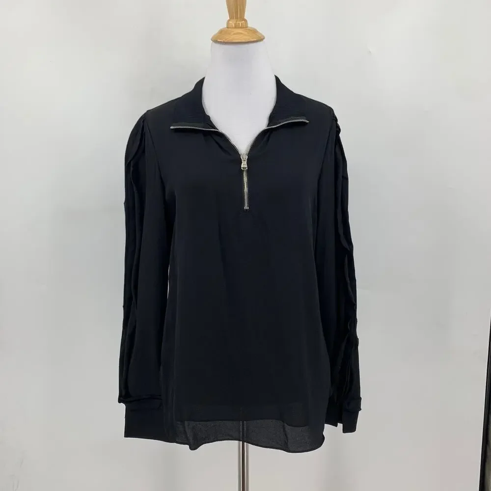 3.1 Phillip Lim Shirt Womens 4 Black Silk Ruffle Long Sleeve Quarter Zip Blouse - Picture 2 of 15